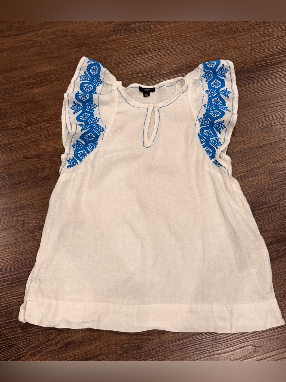 J. Crew White Tank Top with Blue Embroidered Sleeves